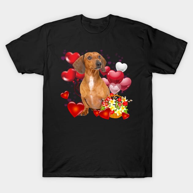 Cute Dachshund Dog With Heart And Flower Valentine T-Shirt by shattorickey.fashion